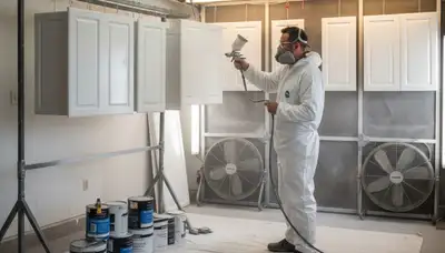 Technician spray painting kitchen cabinets in Raleigh NC for smooth, durable cabinet refinishing