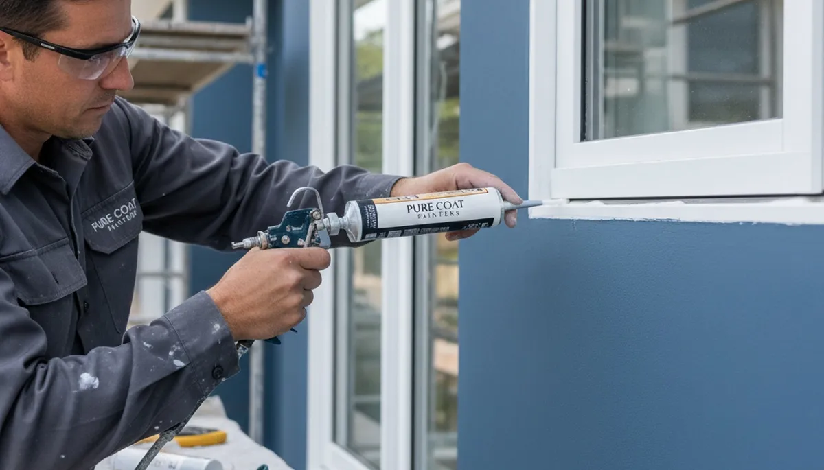 Professional house painter caulking window seams for moisture protection in Raleigh, NC home exterior