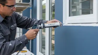 Professional house painter caulking window seams for moisture protection in Raleigh, NC home exterior