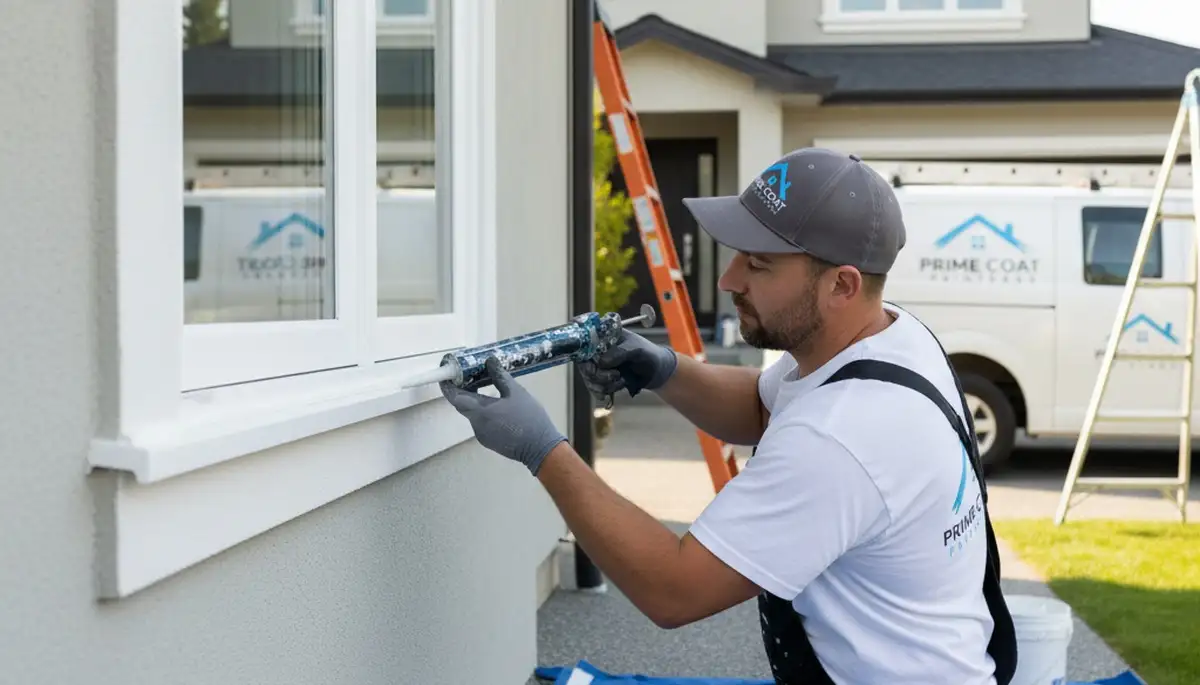 Professional painter caulking home exterior trim in Raleigh NC to seal gaps and prevent moisture damage