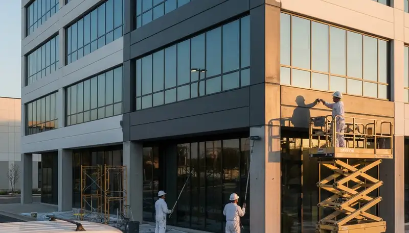 Professional commercial painters working on Raleigh NC office exterior repainting project
