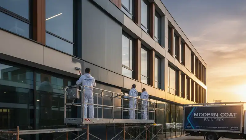 Professional commercial painters working on an office building exterior in Raleigh, NC