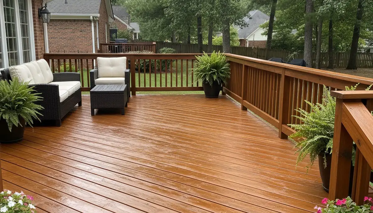 Completed deck staining in Raleigh NC showcasing restored wood finish and weather-resistant protection