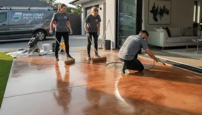Professional concrete staining on residential patio in Raleigh, NC by expert house painters