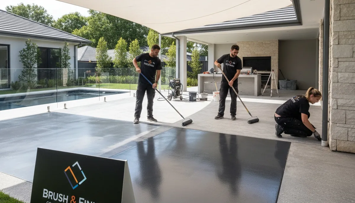 Professional concrete staining on residential patio in Raleigh, NC by expert house painters