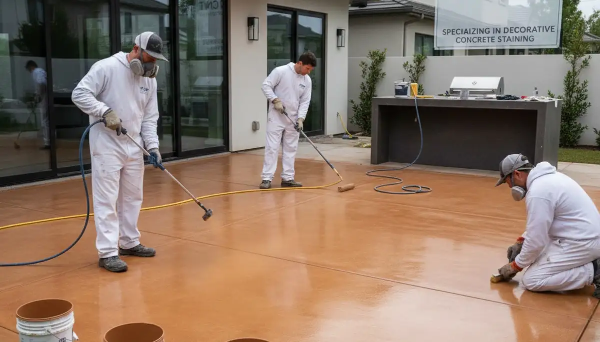 Professional concrete staining on residential patio in Raleigh, NC by expert house painters
