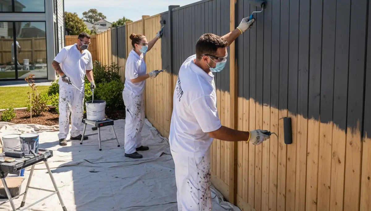 Professional fence painters in Raleigh NC applying weatherproof wood stain for long-lasting finish
