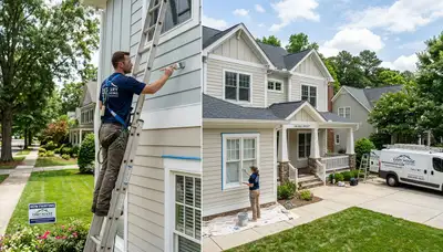 Professional house painters working on residential exterior in Raleigh NC