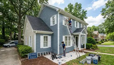 Professional house painters working on residential exterior in Raleigh NC