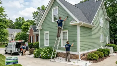 Professional house painters working on residential exterior in Raleigh NC
