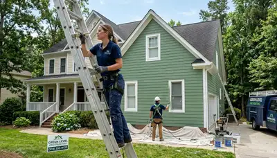 Professional house painters in Raleigh NC applying fresh exterior paint to a residential home