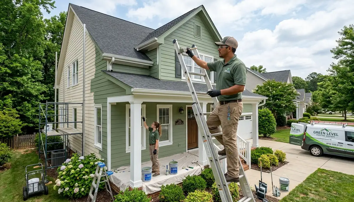 Professional house painters in Raleigh NC applying exterior paint on residential home