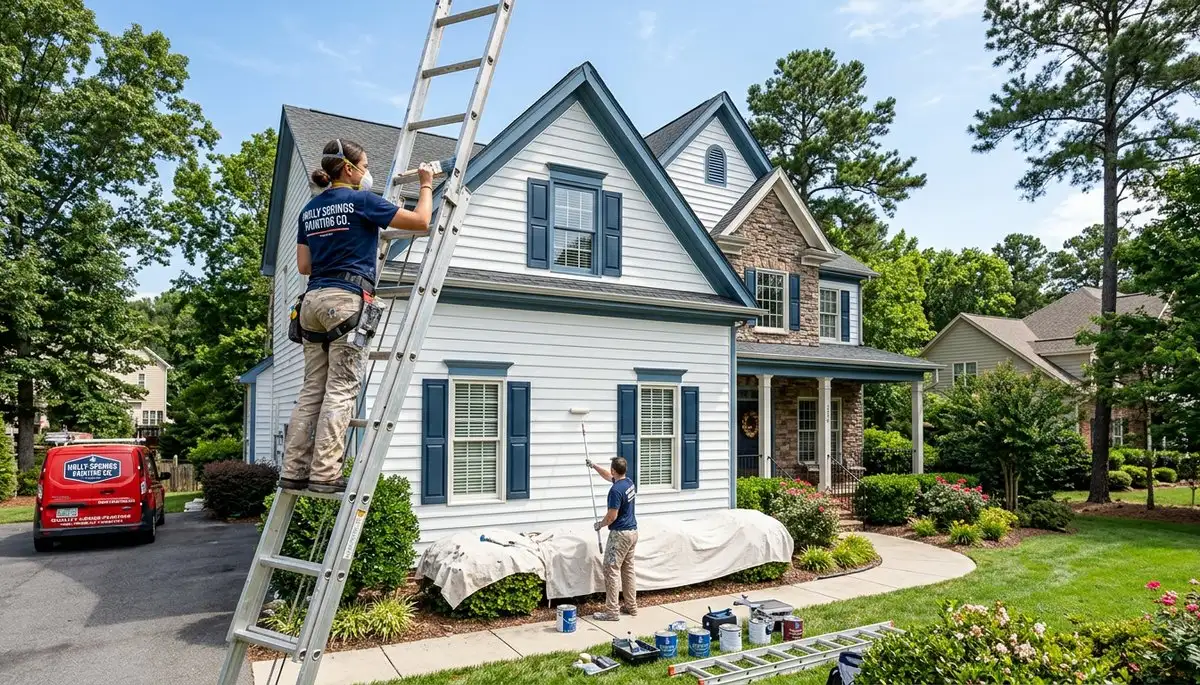 Professional house painters in Raleigh NC applying exterior paint to a two-story home