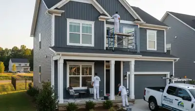 Professional house painters working on residential exterior in Raleigh NC