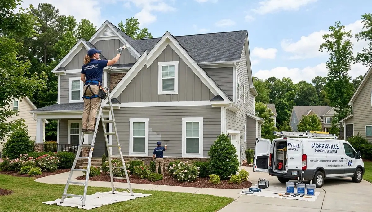 Professional house painters working on residential exterior in Raleigh NC