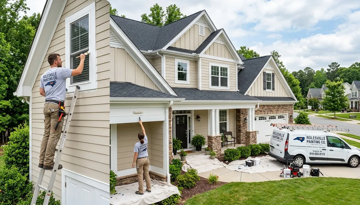 Professional house painters in Raleigh NC applying exterior paint to a home siding