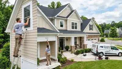Professional house painters in Raleigh NC applying exterior paint to a home siding