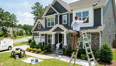 Professional house painters working on home exterior in Raleigh, NC