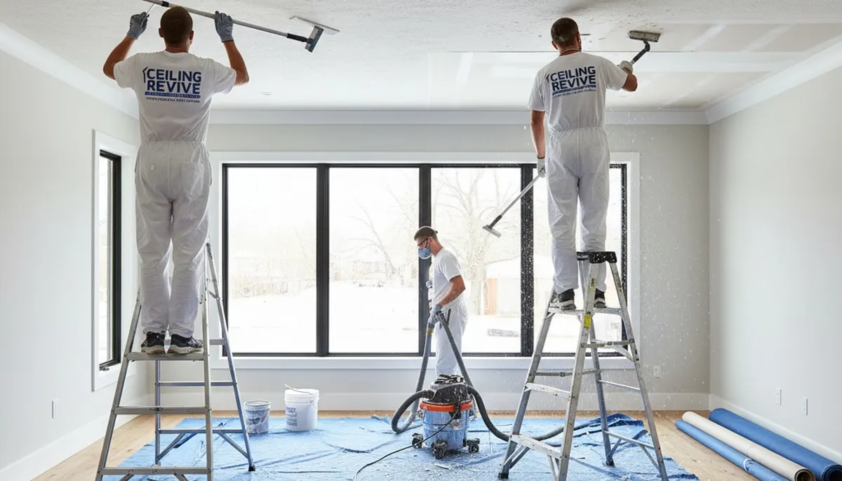 Technician performing popcorn ceiling removal in Raleigh NC home during professional refinishing service