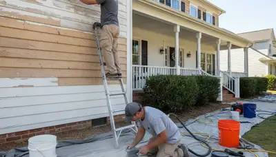 Painter preparing exterior wall for new coating on Raleigh NC home during professional surface prep