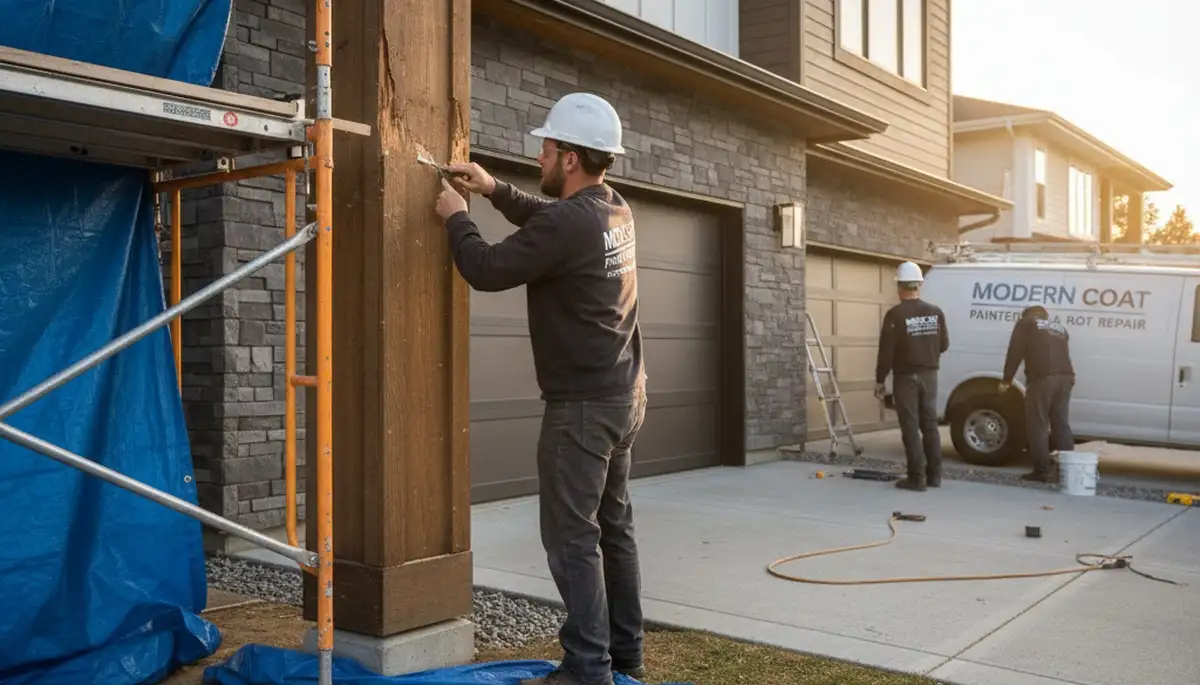 Professional wood rot repair on home siding by painters in Raleigh, NC